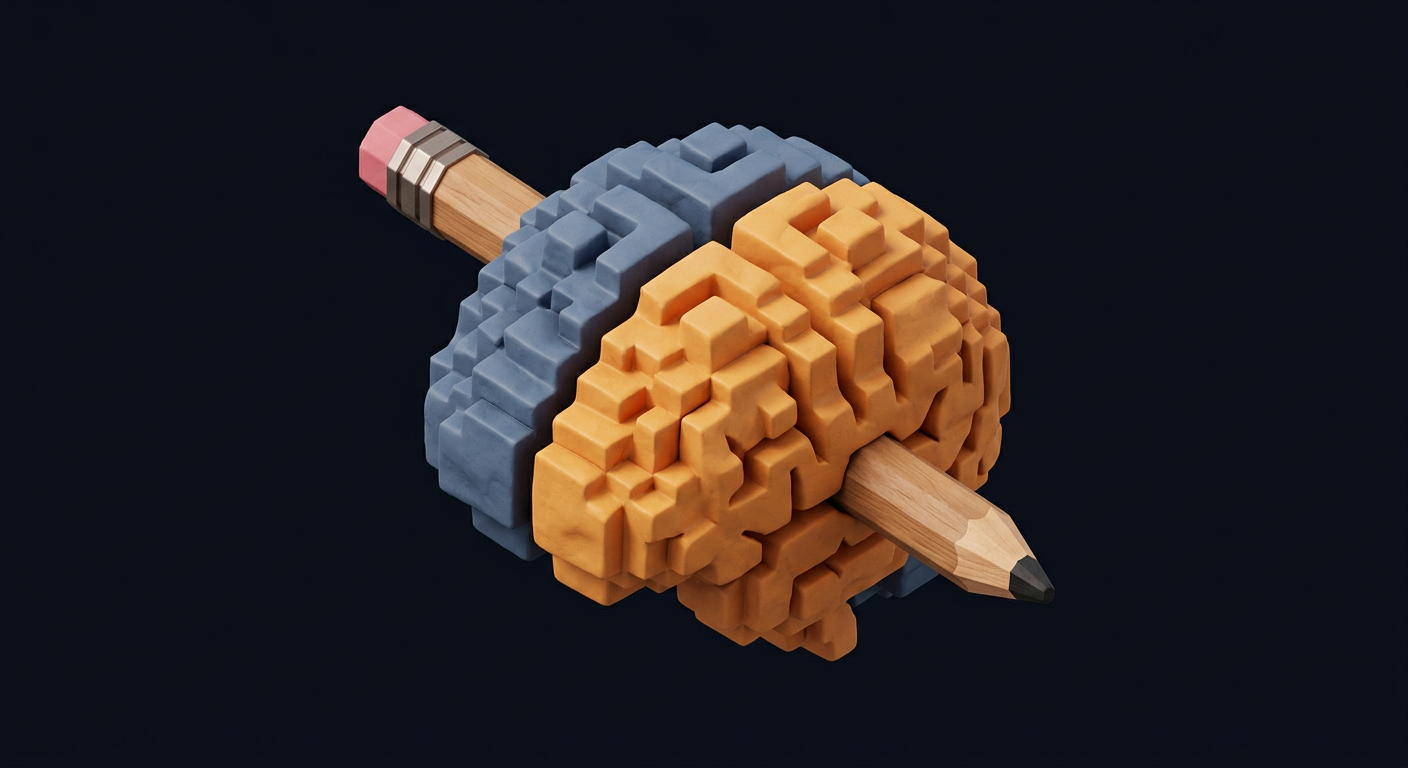 An isometric illustration of a brain built from blocky amber and slate pieces, pierced through by a pencil